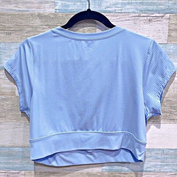 OFFLINE BY AERIE Stretchy Ribbed Crop Top Blue Henley Short Sleeve Womens Large - Picture 2 of 4